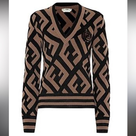 Fendi V-Neck Sweater in Black and Brown - Picture 1 of 7